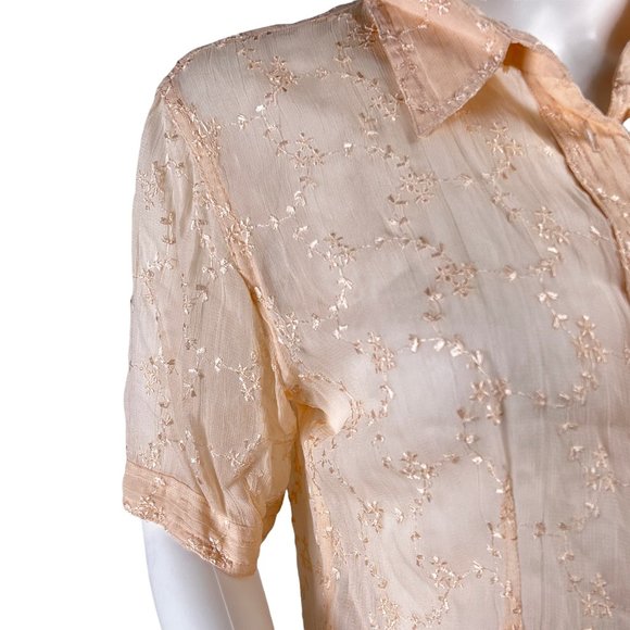 2 Of Us NYC VTG Peach Orange Sheer Floral Embroidered Button Short Sleeve Top L - Picture 2 of 9